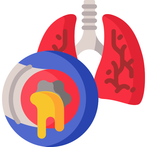 Illustration of human lungs with an enlarged airway showing narrowed, inflamed passages, highlighting respiratory conditions such as asthma.