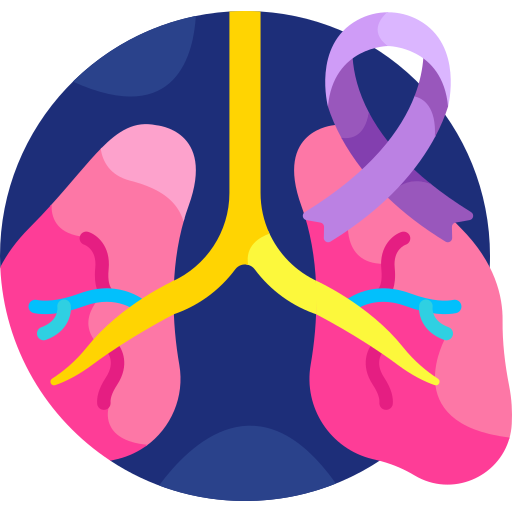 Medical illustration of pink lungs with a purple awareness ribbon, representing lung cancer awareness.