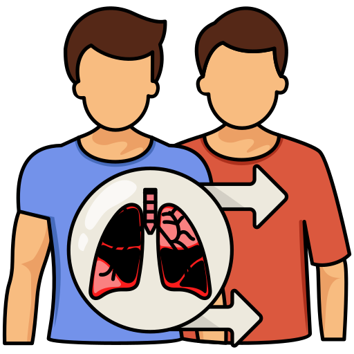 Illustration of two people with a medical graphic showing lungs affected by pneumoconiosis, with arrows indicating disease progression or treatment.