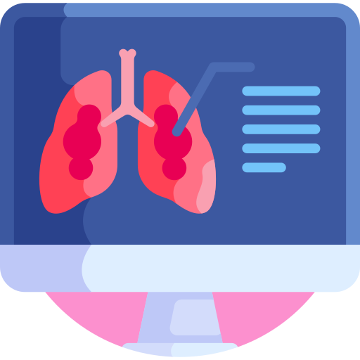 Medical illustration of lungs with highlighted areas and an information panel, representing lung disease diagnosis or respiratory health assessment.