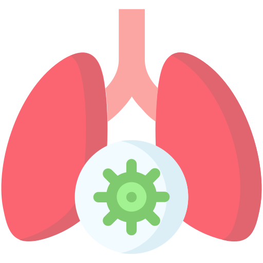 Medical illustration of lungs with a green virus symbol, representing a viral respiratory infection.
