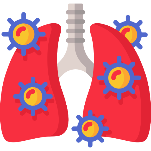 Medical illustration of lungs surrounded by virus-like symbols, representing a respiratory infection.